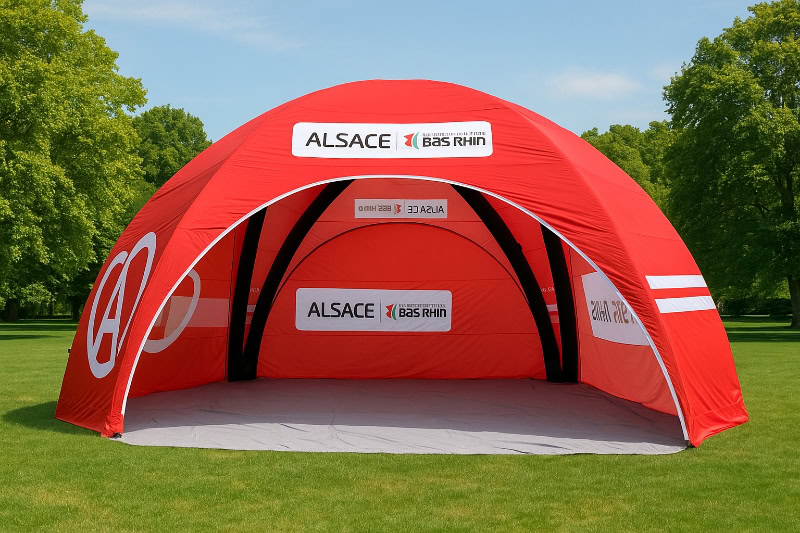 Red dome tent with Alsace Bas Rhin branding